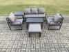 Fimous Aluminium Patio Outdoor Furniture Set 6 Seater Garden Sofa with Oblong Coffee Table Big Footstool 2 Armchairs Side Table Dark Grey