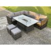 Fimous 8 Seater PE Rattan Corner Sofa Set Gas Fire Pit Dining Table Set Heater With 2 Small Stools