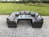 Fimous Rattan Garden Furniture Set 6 Seater Patio Outdoor Love Sofa Set with Rectangular Dining Table 2 Side Tables Dark Grey Mixed