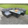 Fimous Outdoor Rattan Garden Furniture Gas Fire Pit Dining Table Sets Gas Heater Lounge Big Footstool Dark Mixed Grey 7 Seater