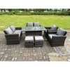 Fimous 8 Seater High Back Dark Grey Mixed Rattan Sofa Dining Table Set Garden Furniture Love Sofa Arm Chair Stools