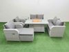 Fimous 7 Seater Outdoor Reclining Chair Love Sofa Set Rattan Garden Furniture Set with Firepit Dining Table Footstool Side Table Light Grey