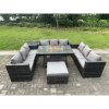 Fimous 10 Seater Rattan Garden Furniture Sofa Set Outdoor Patio Gas Fire Pit Dining Table Gas Heater Burner With Side Table Big Footstool Dark Grey Mixed
