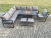 Fimous Aluminium Lounge Corner Sofa Outdoor Garden Furniture Sets Gas Fire Pit Dining Table Set with 2 Small Footstools Dark Grey