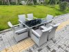 Fimous Light Grey Rattan Outdoor Garden furniture Set Black Tempered Glass Dining Table and 6 Chairs Set with Seat Cushion