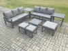 Fimous Aluminium 9 Seater Outdoor Garden Furniture Lounge Sofa Set with Square Coffee Table 3 Footstools 2 Side Tables Dark Grey