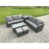 Fimous Outdoor Lounge Sofa Set Rattan Garden Furniture Set with Rectangular Coffee Table 2 Small Footstools 3 Seater Sofa Side Table Dark Grey Mixed