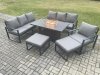 Fimous Aluminium 6 Pieces Garden Furniture Sofa Set with Cushions 9 Seater Gas Fire Pit Dining Table Set with 2 Big Footstools Dark Grey