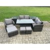 Fimous 8 Seater Rattan Furniture Garden Dining Set Outdoor Height Adjustable Rising lifting Table Love Sofa Chair With 2 Side Tables 3 Footstools