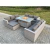 Fimous Light Grey U Shape Lounge Sofa Dining Set With Gas Fire Pit Rattan Garden Furniture Set Heater Burner Big Footstool