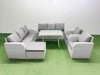 Fimous Rattan High Back Lounge Sofa Set Patio Dining Table & Chairs Set with 3 Seater Sofa 2 Reclining Chairs Big Stool Light Grey