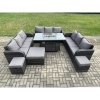 Fimous Outdoor Rattan Furniture Garden Dining Set Gas Fire Pit Table With Lounge Sofa 3 Footstool