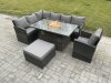 Fimous Rattan Garden Furniture High Back Corner Sofa Gas Fire Pit Dining Table Sets Gas Heater with Armchair Big Footstool 8 Seater Dark Grey Mixed