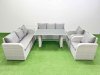 Fimous 8 Seater Wicker PE Rattan Furniture Outdoor Dining Table 3 Seater Sofa Reclining Chair Set with Side Table Light Grey