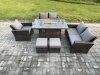 Fimous 7 Seater Rattan Outdoor Garden Furniture Gas Fire Pit Table Sets Gas Heater with Love Sofa Armchair 2 Small Footstools Dark Mixed Grey