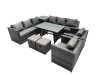 Fimous Outdoor Corner Sofa Chair Dining Table Set Garden Rattan Furniture Set 10 Seater with 2 Small Stool Side Table Dark Grey