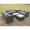 Fimous Outdoor Rattan Garden Furniture Lounge Sofa Set With Oblong Coffee Table And Side Tall High Table With Big Footstool