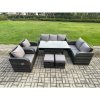 Fimous 9 Seater Lounge Rattan Sofa Set Outdoor Garden Furniture Oblong Rectangular Dining Table With Adjustable Chair Love Sofa 2 Small Footstools Dark Grey Mixed