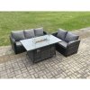 Fimous Rattan Garden Furniture Set with Gas Fire Pit Table 3 Pieces Outdoor Lounge Sofa Set Dark Grey Mixed
