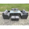 Fimous 8 Seater Outdoor Rattan Furniture Garden Dining Set Gas Fire Pit Table with 2 Small Footstools Love Sofa Dark Grey Mixed