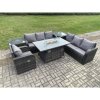 Fimous Rattan Outdoor Furniture Gas Fire Pit Rectangle Dining Table Gas Heater Reclining Chair 3 Seater Sofa Sets with 2 Side Tables 7 Seater