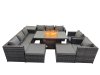 Fimous 10 Seater Garden Outdoor Rattan Furniture Set Patio Corner Sofa Gas Firepit Dining Table with Side Table 2 Big Stools Dark Grey