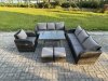 Fimous Outdoor Lounge Sofa Set Wicker PE Rattan Garden Furniture Set with Rectangular Dining Table Reclining Chair 2 Small Footstools Dark Grey Mixed