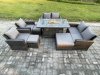 Fimous Outdoor Garden Furniture Sets 8 Pieces Wicker Rattan Furniture Gas Firepit Dining Table Sofa Set with 3 Footstools Dark Grey Mixed