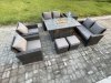 Fimous Wicker PE Rattan Garden Furniture Sets 8 Seater Patio Outdoor Gas Firepit Dining Table Heater Set with Double Seat Sofa Side Table 2 Small Footstools Dark Grey Mixed