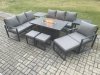 Fimous Aluminium 9 Pieces Garden Furniture Sofa Set with Cushions 10 Seater Gas Fire Pit Dining Table Set with 2 Side Tables 3 Footstools Dark Grey