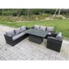 Fimous Wicker PE Garden Furniture Rattan Sofa Set Outdoor Adjustable Rising Lifting Dining Table Set with Armchair 7 Seater Dark Grey Mixed