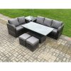 Fimous Outdoor Rattan Garden Furniture Sets Height Adjustable Rising lifting Dining Table Lounge Sofa Set With Side Table 2 Small Footstools Dark Grey Mixed