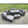 Fimous 9 Seater Rattan Garden Furniture Set Propane Gas Fire Pit Table and Sofa Chair set with 3 Footstool