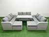 Fimous PE Rattan Lounge Sofa Set 11 Seater Outdoor Garden Furniture Set with Rectangular Dining Table 3 Seater Sofa 2 Big Footstools Side Table Light Grey