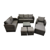 Fimous 3 Seater Sofa Reclining Chair Coffee Table Set Rattan Garden Outdoor Furniture Set with 3 Stool Dark Grey Mixed