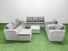 Fimous PE Rattan High Back Lounge Sofa Set Patio Square Coffee Table & Chairs Set with 3 Seater Sofa Reclining Chair Big Footstool Side Table Light Grey