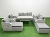 Fimous PE Rattan Garden Furniture Set Reclining Chair Sofa Double Love Seat 2 Seater Sofa Lounge Set Rectangular Dining Table 2 Big Footstool Side Table Light Grey