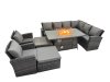 Fimous Outdoor Furniture Garden Dining Set Rattan Corner Sofa Chair Set Gas Fire Pit Table with Temper Glass 2 Big Footstools Dark Grey Mixed