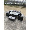 Fimous Outdoor PE Rattan Garden Furniture Gas Fire Pit Dining Table Armchairs With High Side Coffee Table 2 Stools Dark Grey Mixed