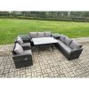Fimous Outdoor Garden Patio Furniture Wicker Rattan Oblong Rectangular Dining Table and Lounge Sofa set with 2 Side Table Dark Grey Mixed