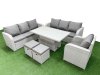 Fimous 9 Seater Poly Rattan Outdoor Garden Furniture Adjustable Lifting Dining or Coffee Table Sofa Set Patio 3 Seater Sofa Reclining Chair 3 Seater Sofa Stools Light Grey