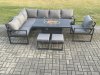 Fimous Aluminium Patio Outdoor Garden Furniture Corner Sofa Set Gas Fire Pit Dining Table with Chair 2 Small Footstools Dark Grey
