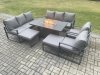 Fimous Aluminium Outdoor Garden Furniture Set Patio Lounge Sofa Gas Fire Pit Dining Table Set with 2 Big Footstools Dark Grey
