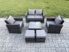 Fimous 6 Seater Outdoor Garden Furniture High Back Rattan Sofa Set with Square Coffee Table 2 Small Footstools Dark Grey Mixed