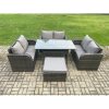 Fimous Wicker PE Rattan Sofa Outdoor Garden Furniture Set with Rectangular Dining Table Big Footstool Dark Grey Mixed