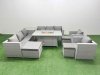 Fimous 11 Seat PE Rattan Lounge Sofa Set Outdoor Garden Furniture Set with Firepit Dining Table 3 Seater Sofa 3 Footstools Side Table Light Grey