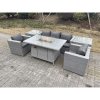 Fimous Light Grey Corner Rattan Garden Furniture Set Gas Fire Pit Heater Burner Lounge Sofa With 2 Side Coffee Table And Armchairs