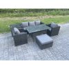 Fimous PE Wicker Rattan Garden Furniture Set Outdoor Rectangular Dining Table Lounge Sofa Chair with Side Table Stool 6 Seater