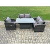 Fimous Wicker PE Rattan Furniture Garden Dining Set Outdoor Height Adjustable Rising lifting Table Love Sofa With Reclining Chair