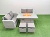 Fimous 6 Seater Outdoor Love Sofa Set Rattan Garden Furniture Set with Firepit Dining Table 2 Small Stools Light Grey